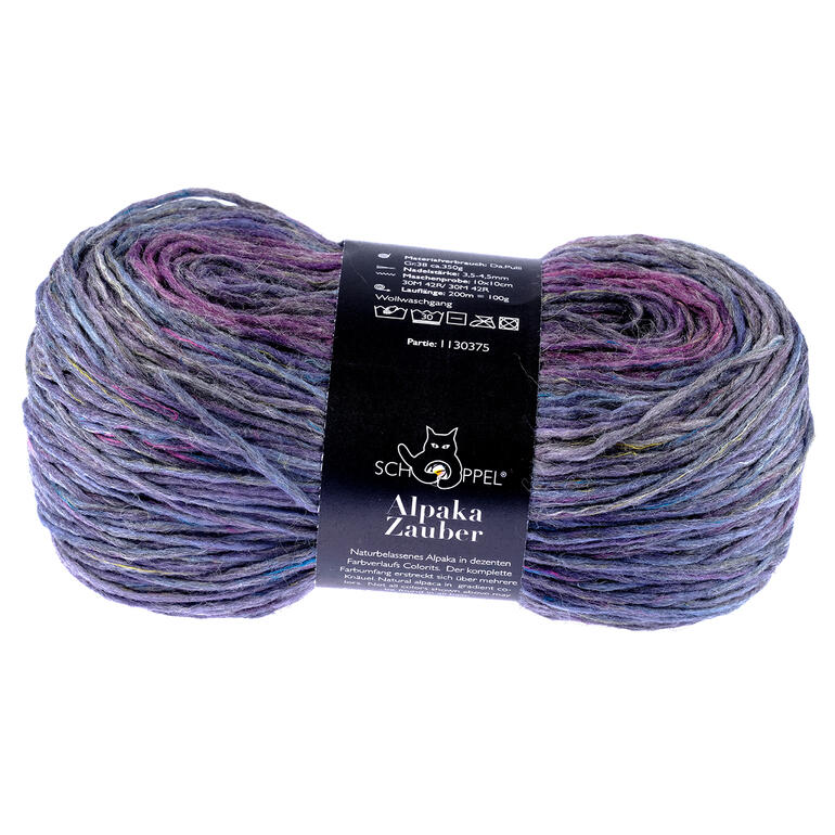 Garn 'Alpaka Zauber Plus' in blauen und lila Farbnuancen.