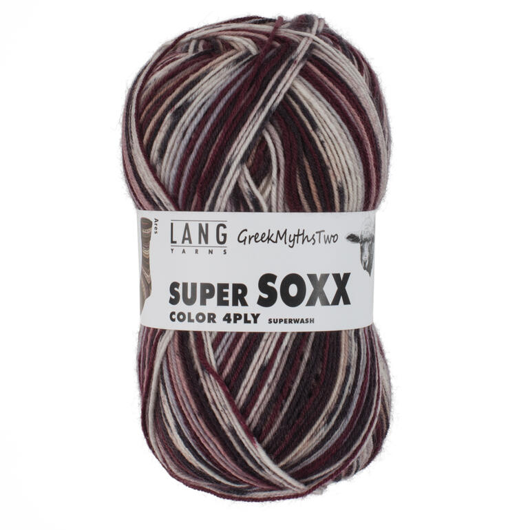 Sockenwolle Super Soxx Greek Myths Two 4-fach in dunklen, erdigen Farbtönen mit dem Label von LANG Yarns.