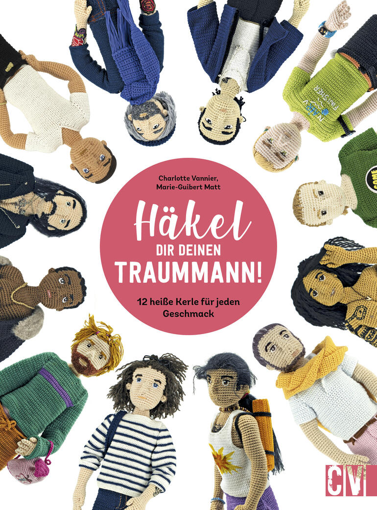 Buchcover mit verschiedenen gehäkelten Figuren von Männern in einem kreativen Layout.