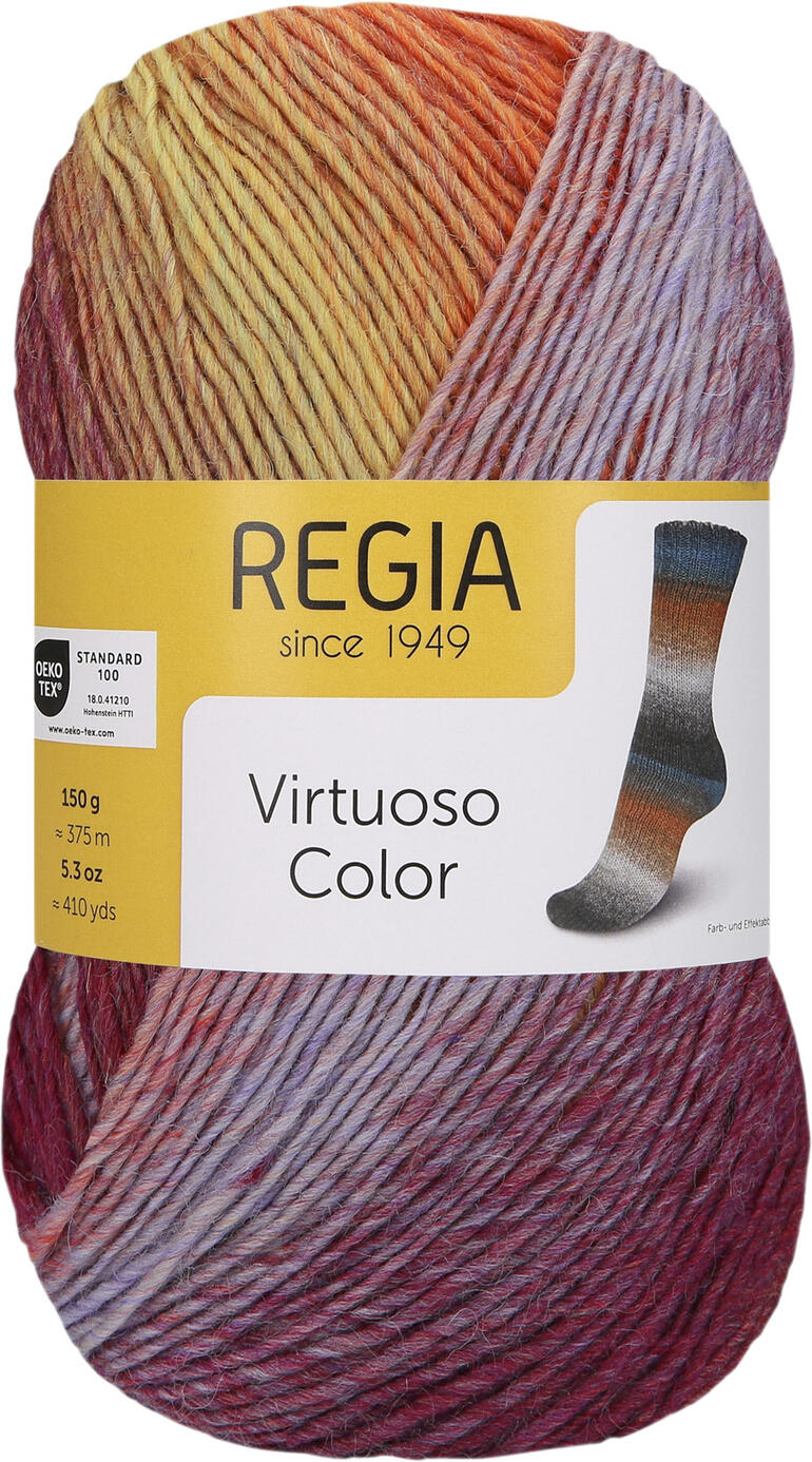 Sockenwolle Virtuoso Color von Regia in roten und orangenen Farbtönen