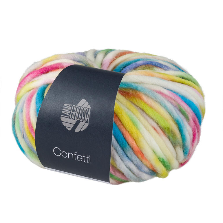 Wolle 'Confetti' in der Farbe Flieder/Blauviolett/Rost/Senf/Rohweiß/Petrol, 50g.