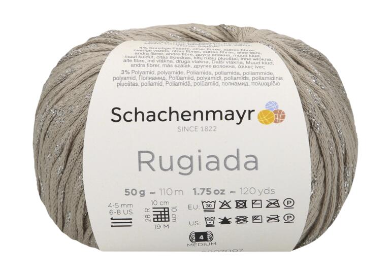 Wollknäuel Rugiada von Schachenmayr in der Farbe Sand mit Etikett.