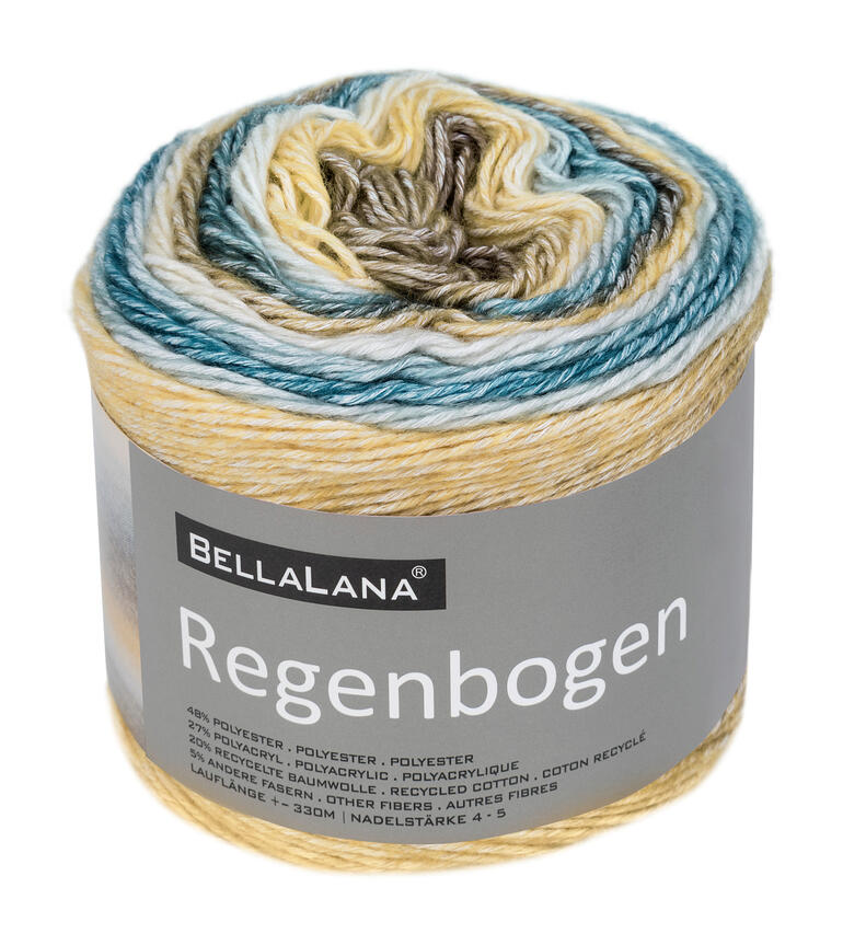 Garnrolle von BellaLana in beige und hellblauen Farben.