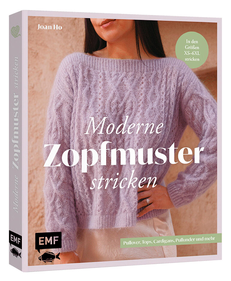 Buch 'Moderne Zopfmuster stricken' mit Anleitungen für Pullover und Tops.
