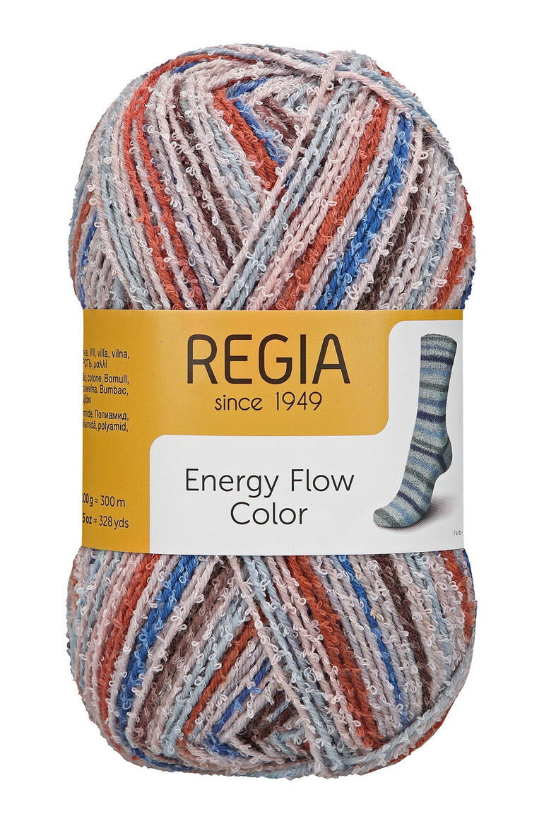 Sockenwolle Energy Flow Color von Regia, Garnknäuel mit gestreiftem Muster.