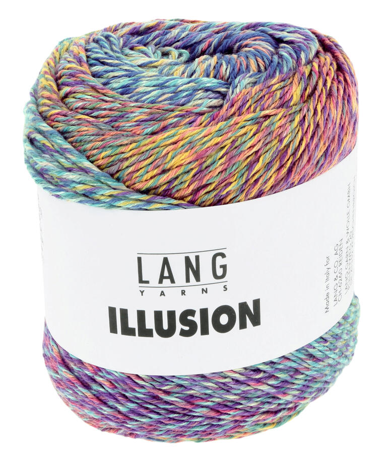 Garnknäuel in Blau/Pink/Grün/Gelb von LANG Yarns mit Etikett.