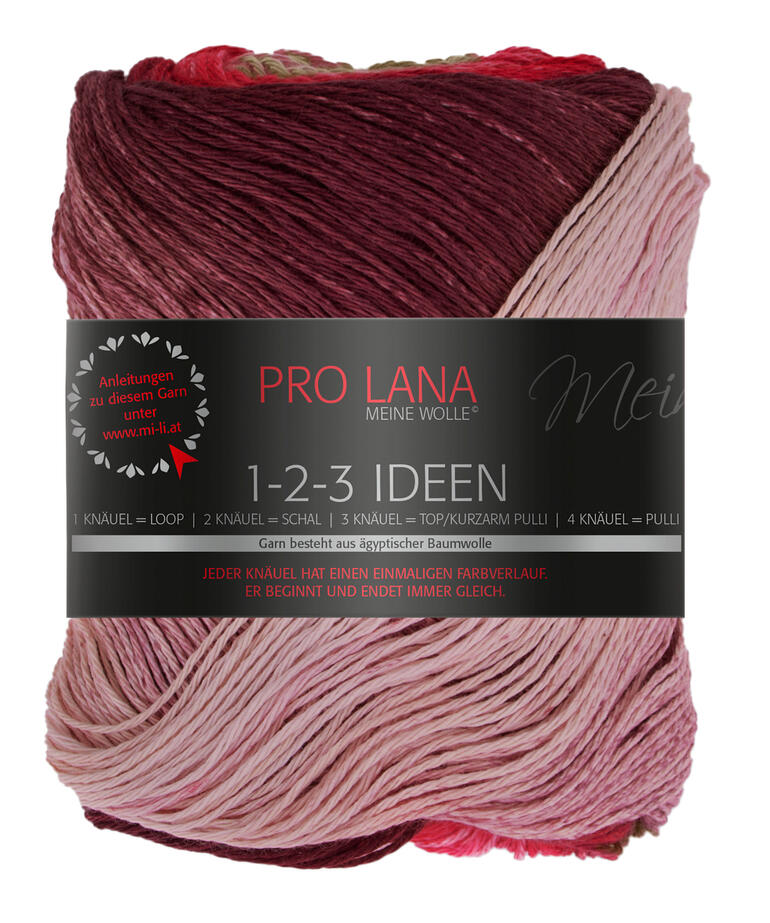 Garnpackung 1-2-3 Ideen in roten und rose Tönen