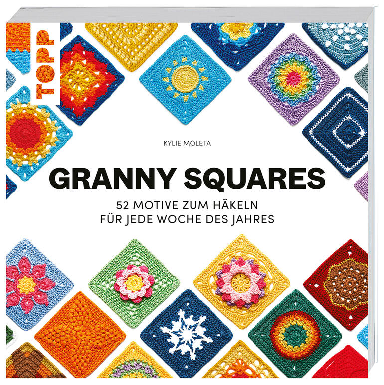 Buch 'Granny Squares' mit bunten Häkelmotiven auf dem Cover.