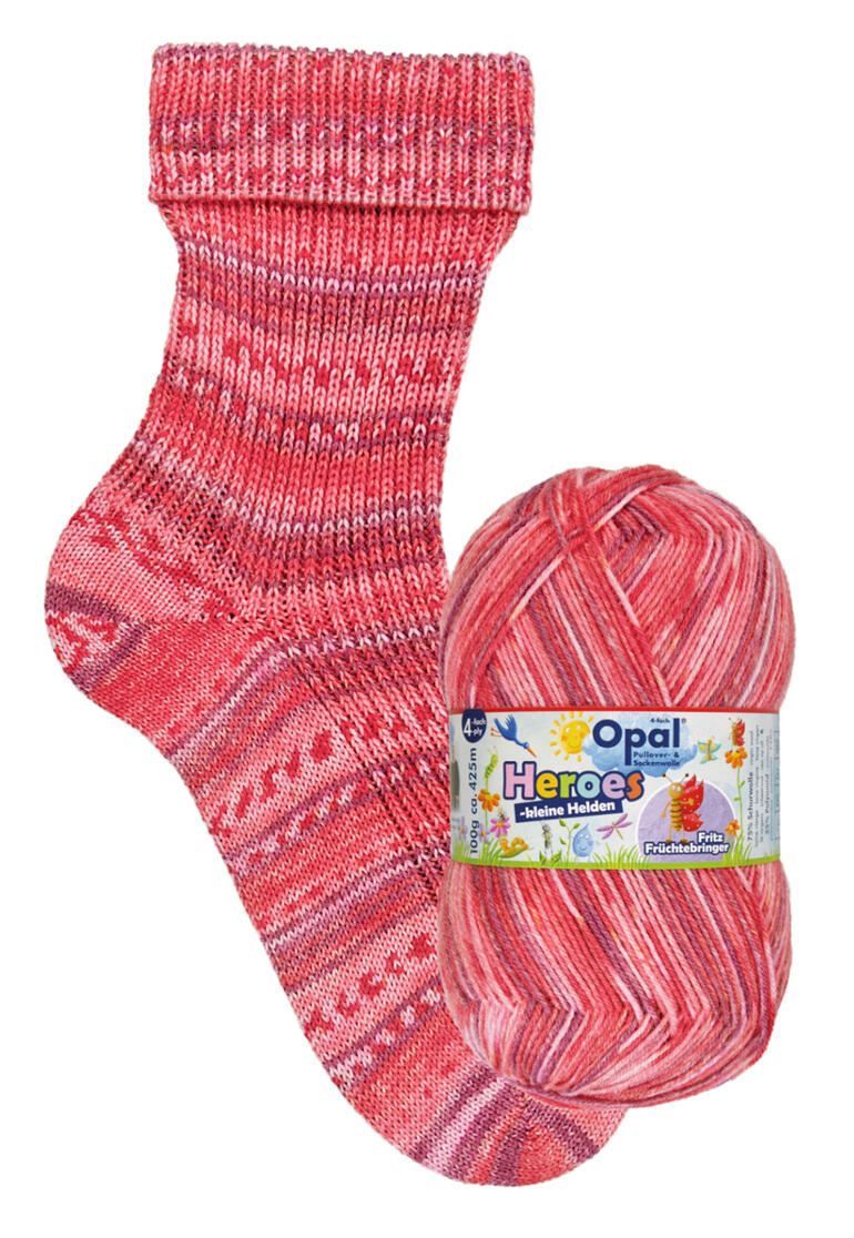 Opal Heroes 4-fach Socken in rot mit passendem Wollknäuel, auf weißem Hintergrund.