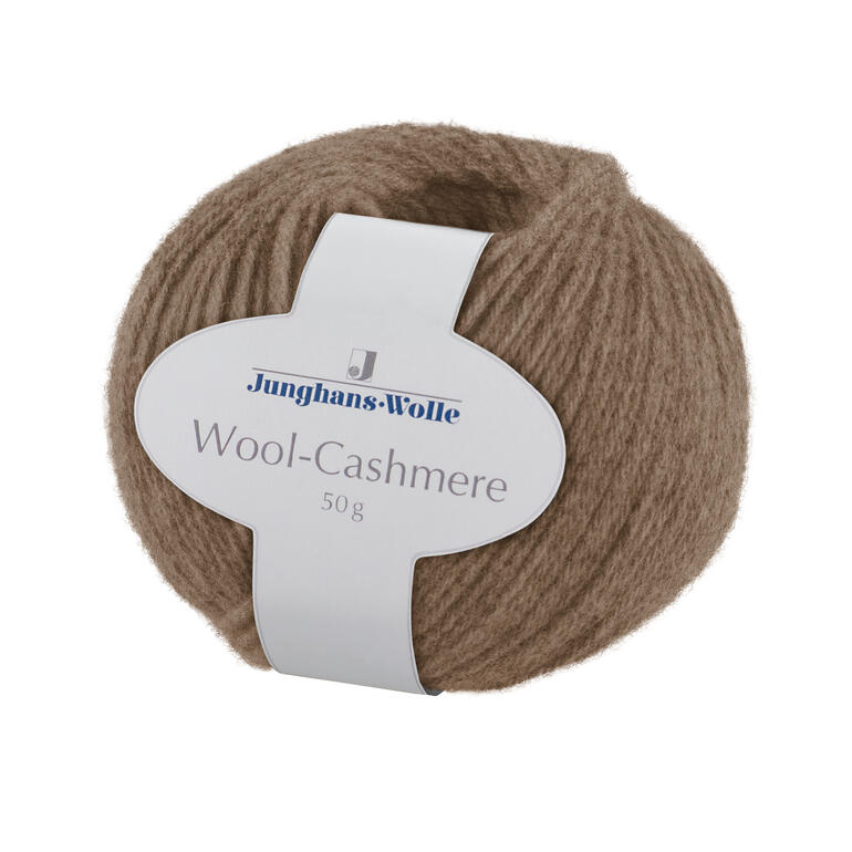 Hellbrauner Wollknäuel Wool-Cashmere mit Etikett und 50 g Gewicht.