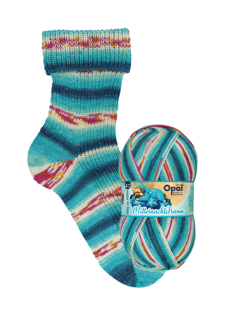 Bunte Socke aus Opal Mitternachtstraum 4-fach mit passendem Wollknäuel.