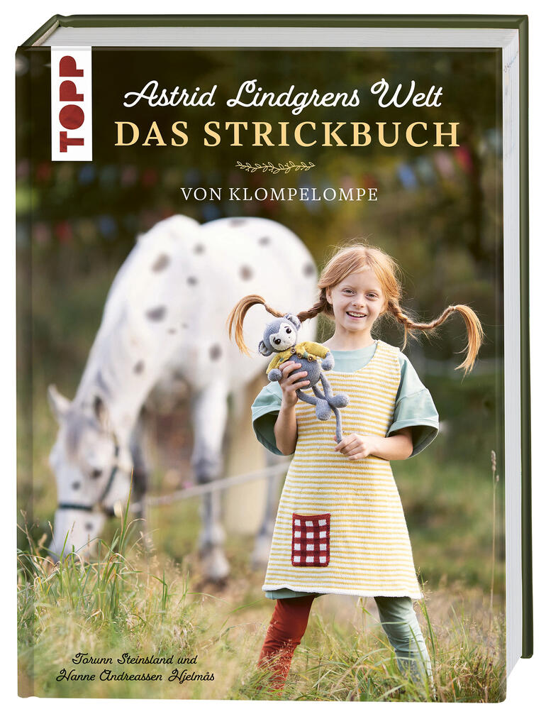 Buchcover von 'Das Astrid Lindgren Strickbuch' mit einem Kind und einem Pferd.