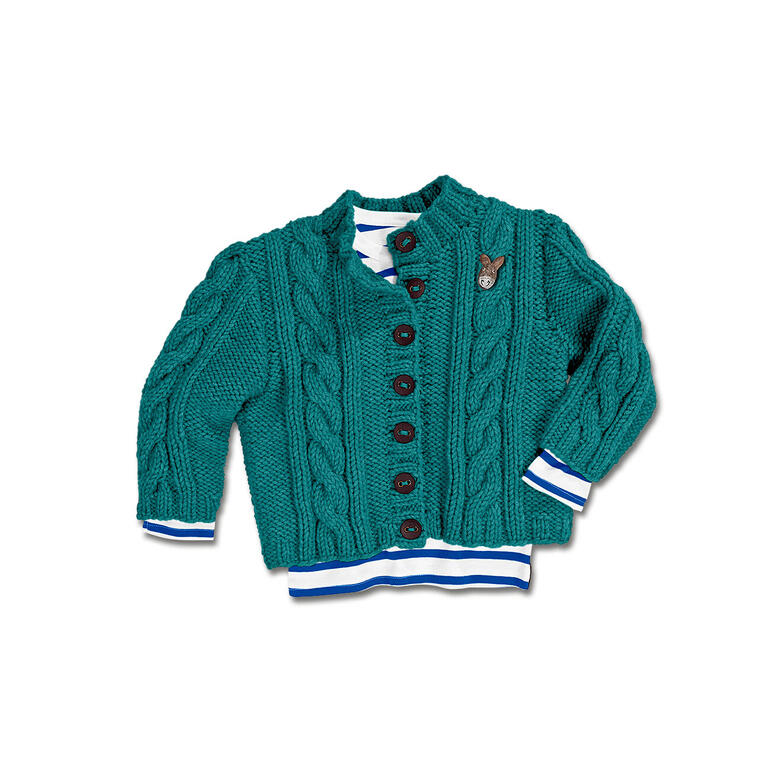 Kinderjacke aus Merino Dick in Türkis mit Zopfmuster.