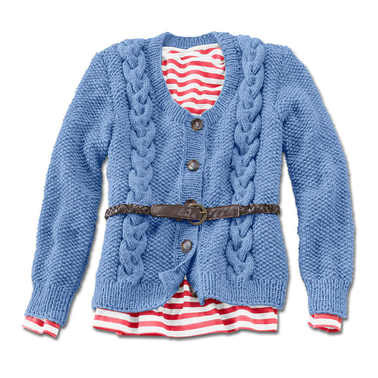 Jacke aus Landwolle in Hellblau mit Zopfdetails.