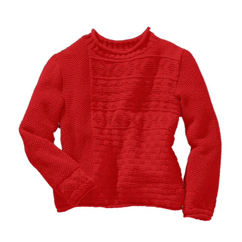 Roter Pullover aus Cotonia II mit unterschiedlichen Strickmustern und einem schlichten Design.