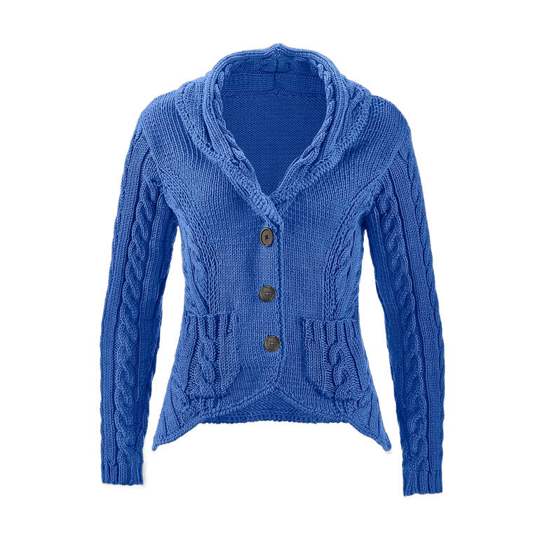 Dunkelblaue Jacke aus Cotonara mit strukturierten Ärmeln und großer Knopfleiste.