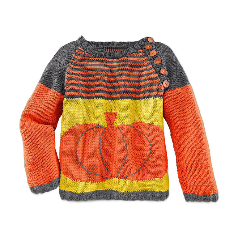 Raglan-Kinderpullover aus Cotonara mit orangefarbener Kürbismuster.