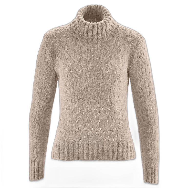 Rollkragenpullover aus Palazzo, beige mit dezenten Punkten.