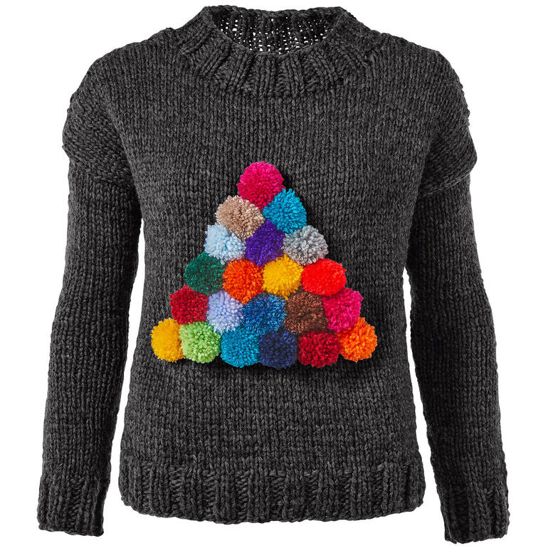Damenpullover in dunkler Farbe mit buntem Pompon-Muster.