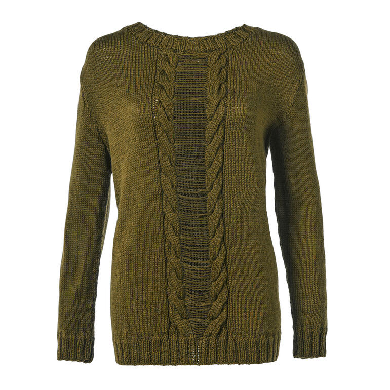 Damenpullover in Olivgrün mit Zopfstruktur und Rundhalsausschnitt.
