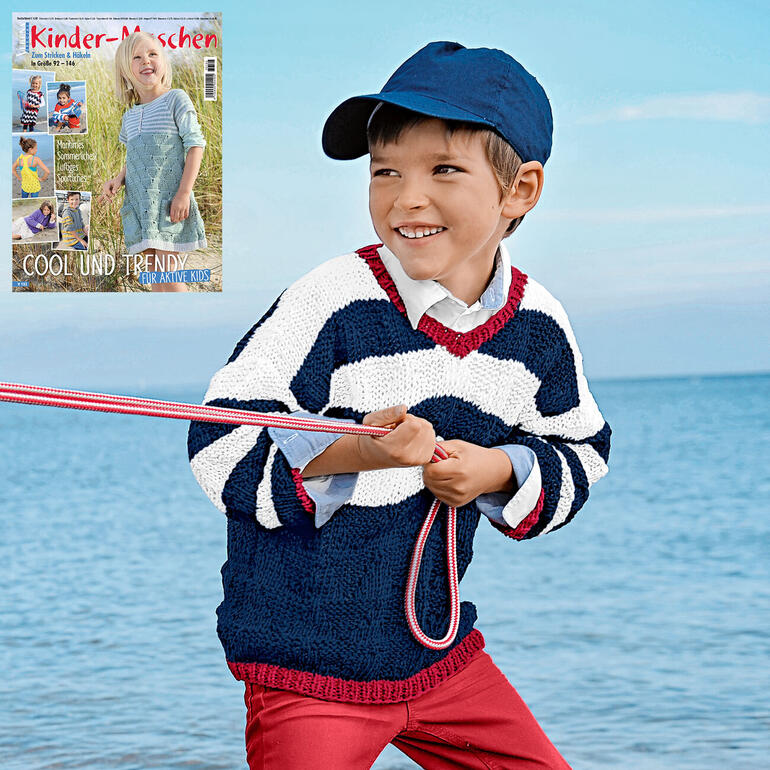 Kinder Pullover aus Bandana mit maritimen Streifen in Blau und Rot.