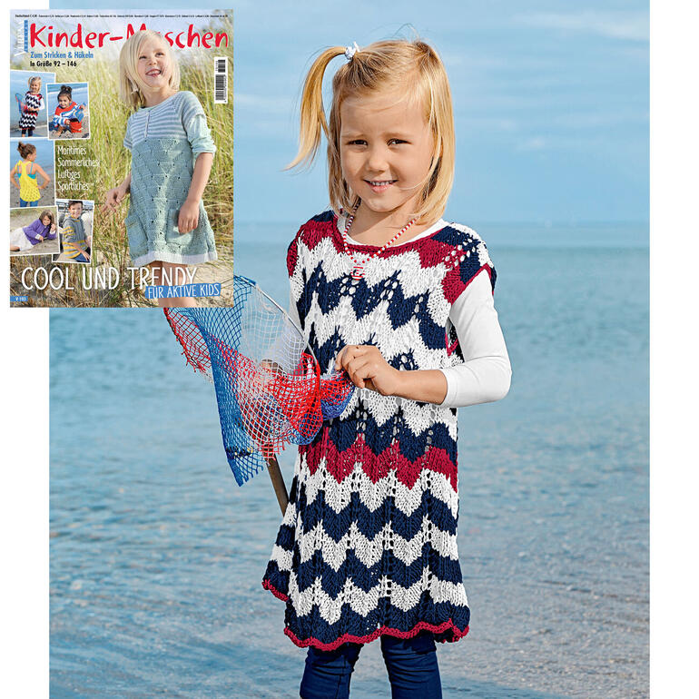 Kinder Kleid aus Bandana in Wellenmuster mit verschiedenen Blau- und Rottönen.