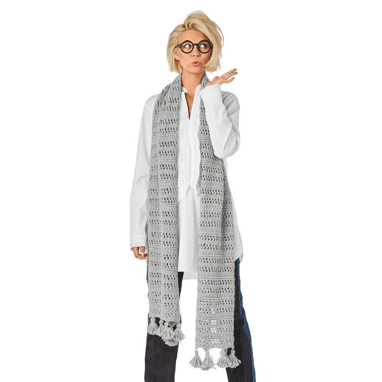 Schal aus Peru, ca. 35 x 180 cm, mit Quasten, inHellgrau.
