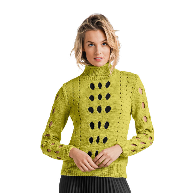 Rollkragenpullover aus Merino-Cablé in leuchtendem Grün.