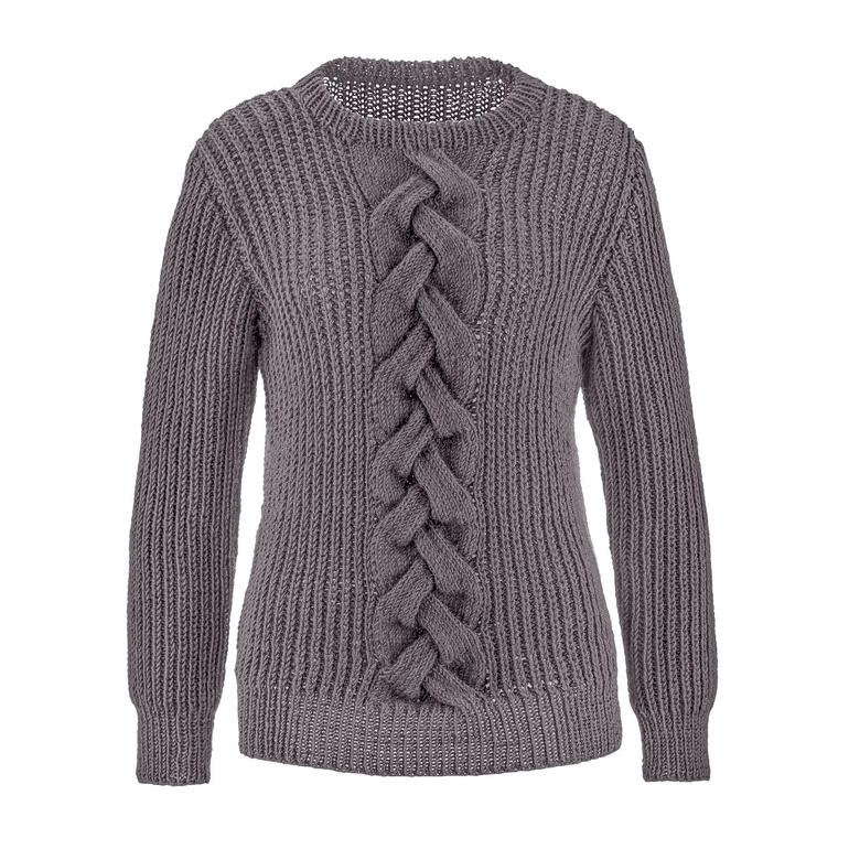 Grau gestrickter Pullover aus Merino-Classic mit Zopfmuster
