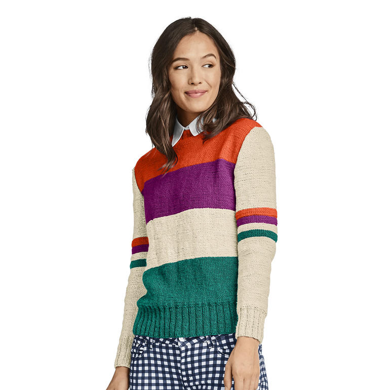 Damenpullover in bunten Streifen, mit langen Ärmeln und Rundhalsausschnitt