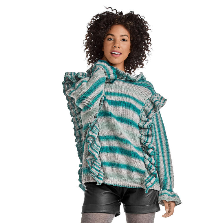 Pullover aus Cassandra Print in Türkis mit Rüschen an den Ärmeln.