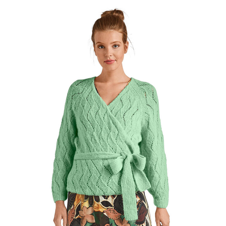 Mintgrüne Jacke mit Gürtel aus Arequipa und Lochmuster.