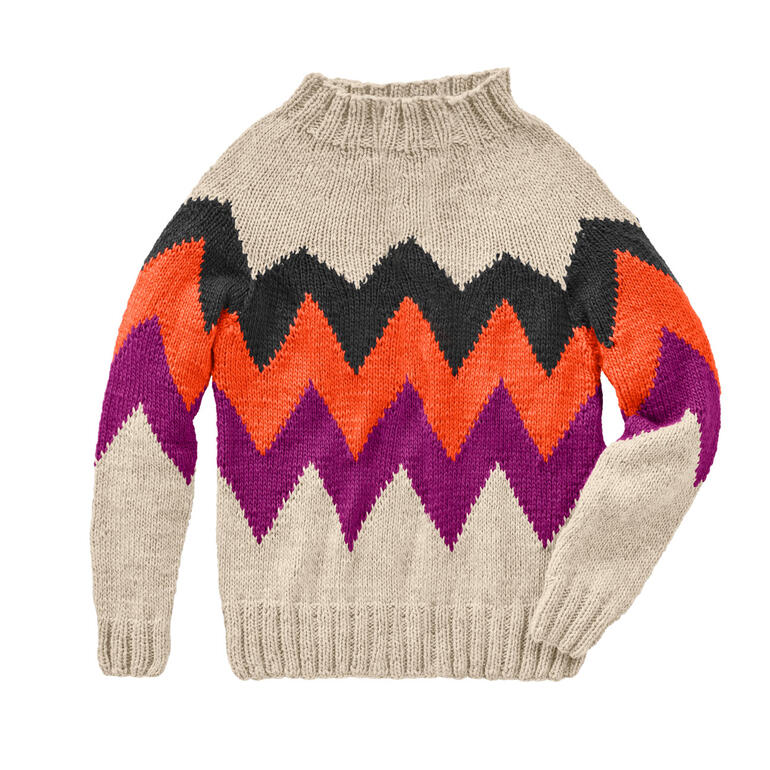 Beiges Pullover mit farbigen Zickzack-Muster und hohem Kragen.