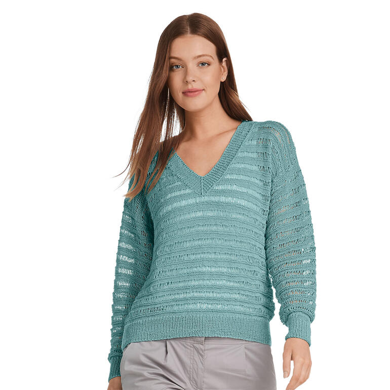 Damenpullover aus Seidana® in Aqua mit V-Ausschnitt und leichtem, luftigen Strickmuster.