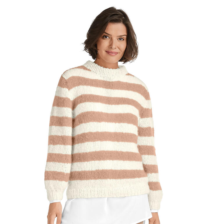 Pullover aus Feelana in Streifen, sanfte Farben in Beige und Weiß.