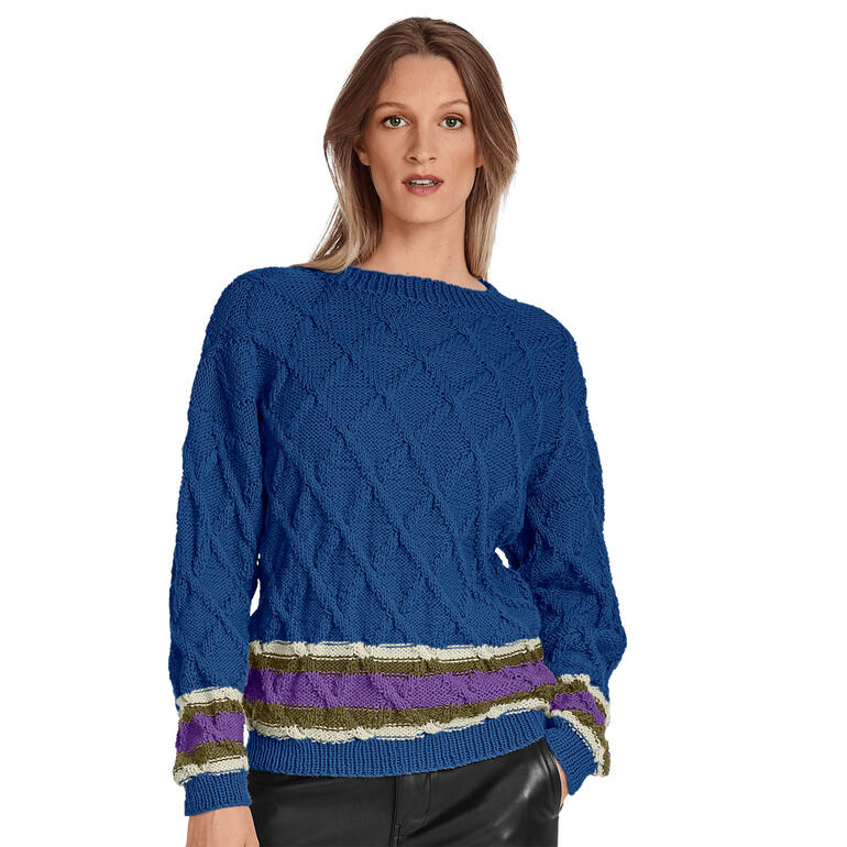 Blauer Pulli aus Merino-Cablé mit buntem Streifenmuster und Rundhalsausschnitt.