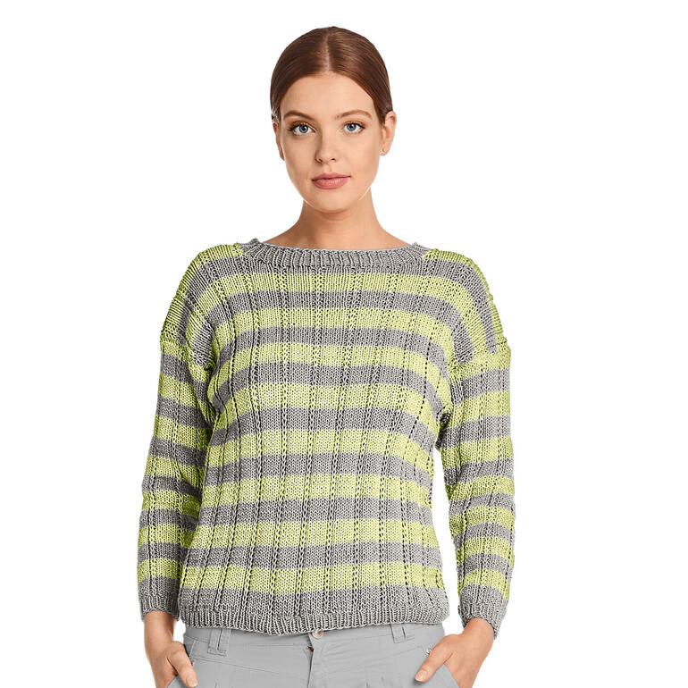 Grau-grüne gestreifte Pullover aus Recycle & Cotone mit Rundhalsausschnitt.