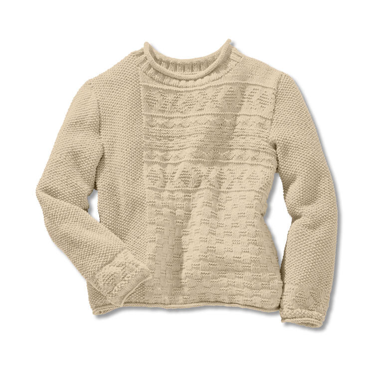 Beiger Pullover aus Cotonia II mit strukturiertem Muster, flach liegend.