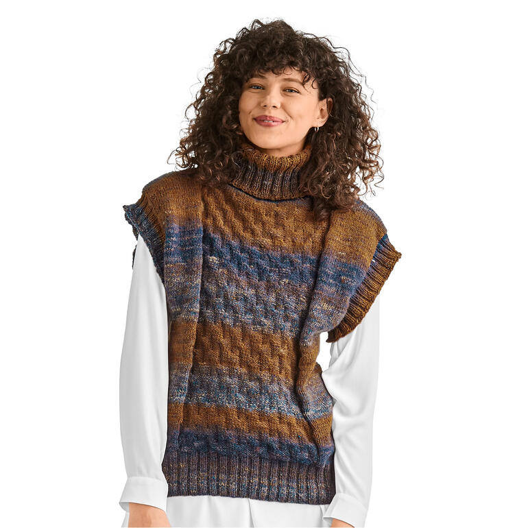 Mehrfarbiger Pullover ohne Ärmel, mit hohem Kragen und lässigem Look.
