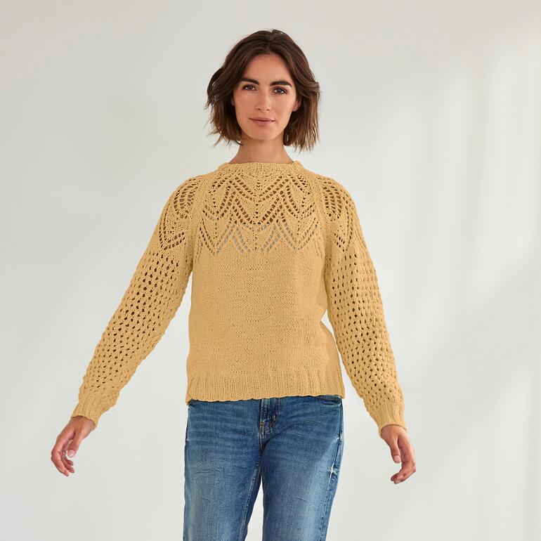 Gelber Pullover aus Bandana mit elegantem Lochmuster an den Ärmeln