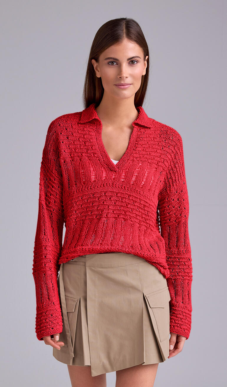 Pullover aus Bandana-Mini in Rot mit V-Ausschnitt.