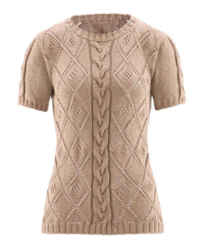 Beige Pullover mit Kurzarm und Struktur, aus Seidana von Junghans-Wolle.