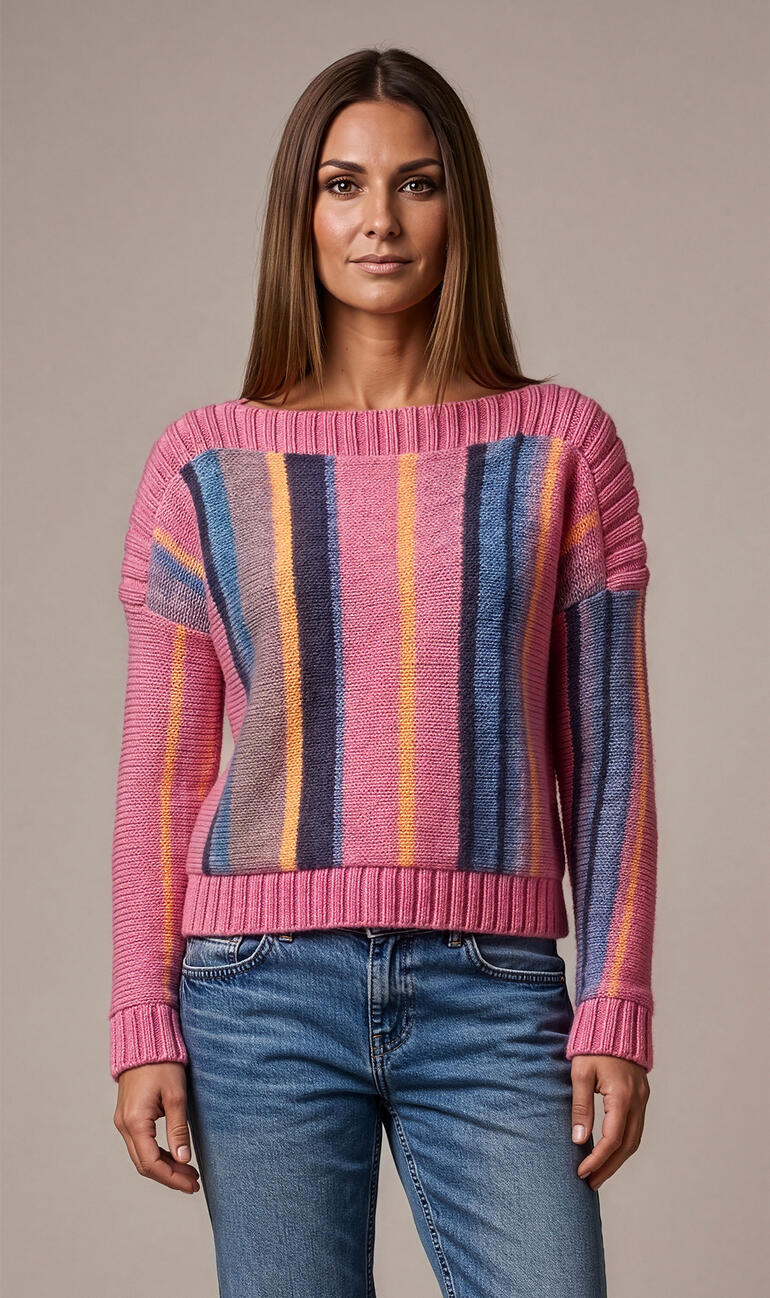 Anleitung für einen Pullover aus Lotti-Uni und Lotti-Colori in bunten Streifen.