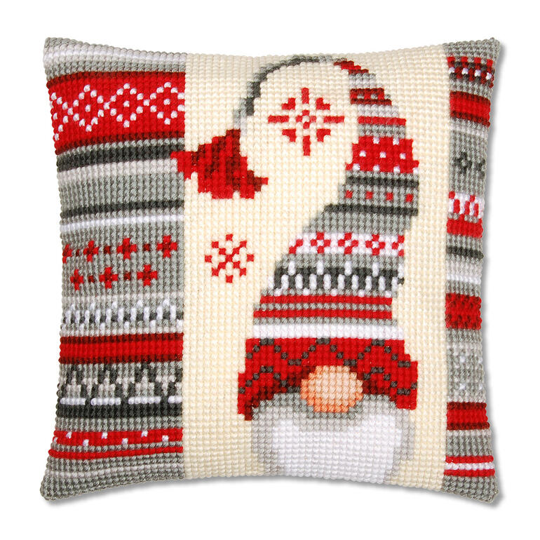 Kreuzstichkissen mit Wichtel-Muster in rot-grau-weiß.
