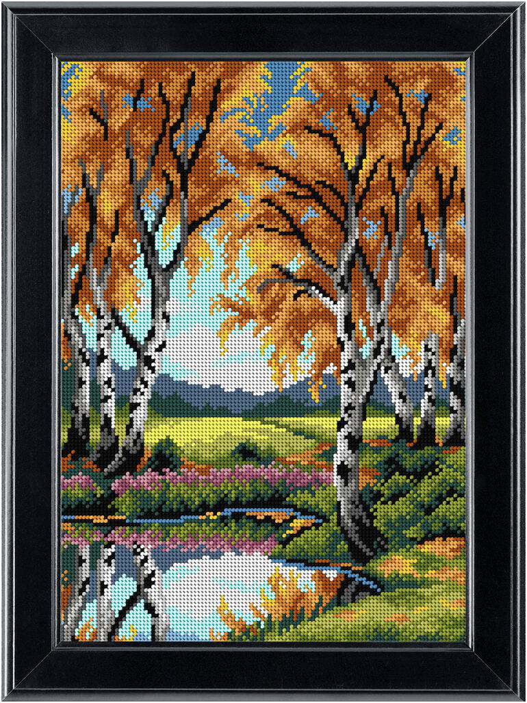 Birkenwald mit blühenden Wiesen im Hintergrund.