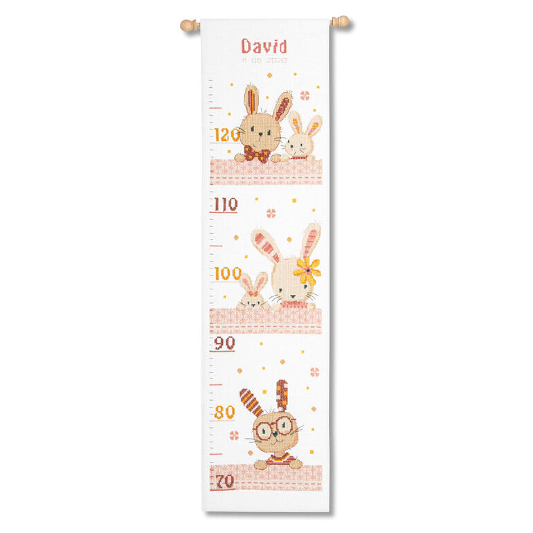 Messlatte mit süßen Kaninchen und einer Messskala für Kinder.