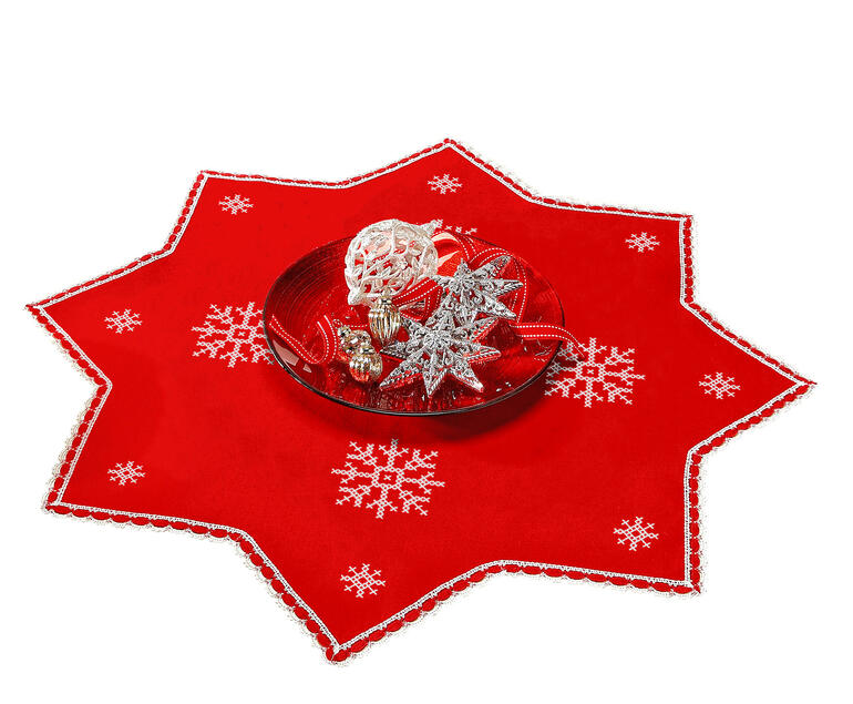 Runde Tischdecke mit roten Schneeflockenmotiven.