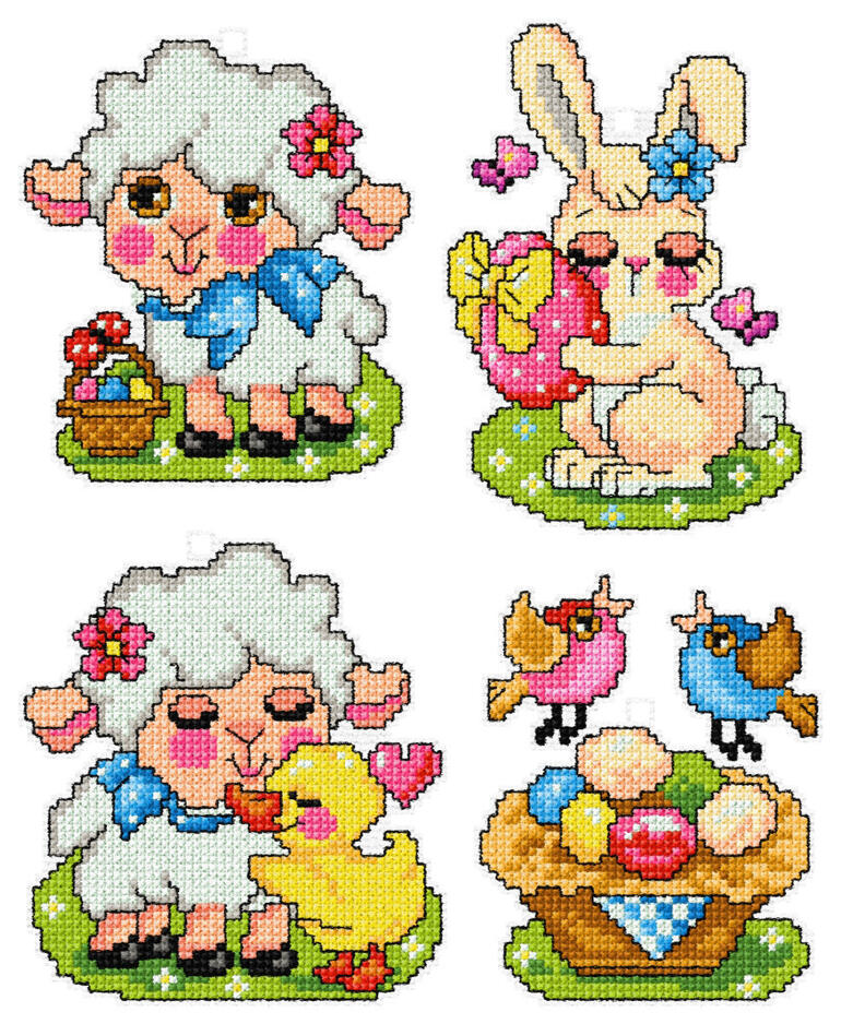Vier dekorative Anhänger mit Osterfreunden in einem bunten Design.