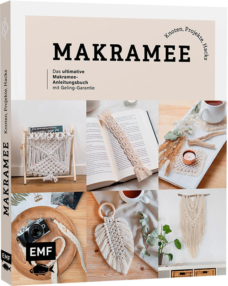 Buchcover über Makramee mit verschiedenen Mustern und Anleitungen für Projekte.