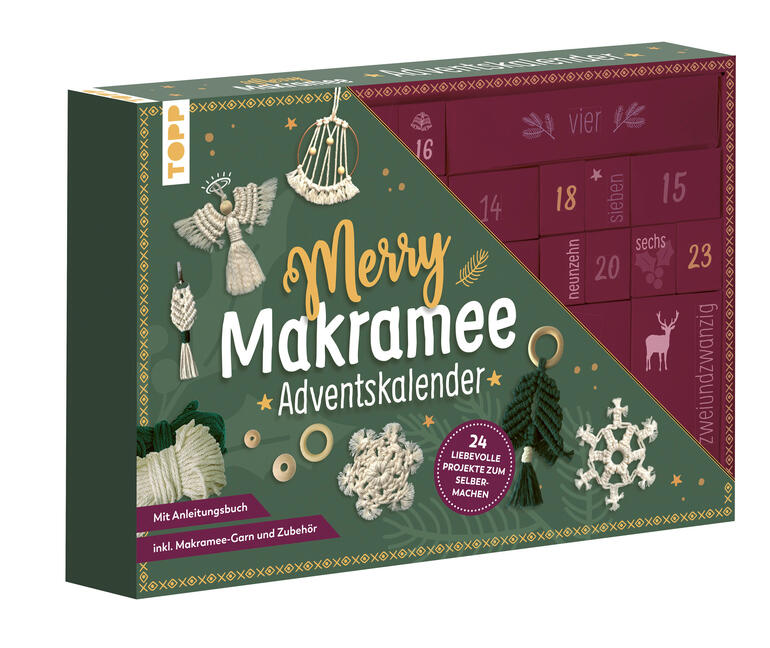 Adventskalender-Set für Makramee mit Anleitungen und Materialien für 24 Projekte.